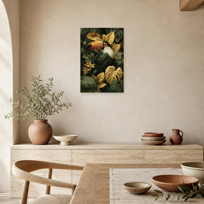 Tableau Tropical Toucan Feuillage Doré dans une salle a manger lumineuse
