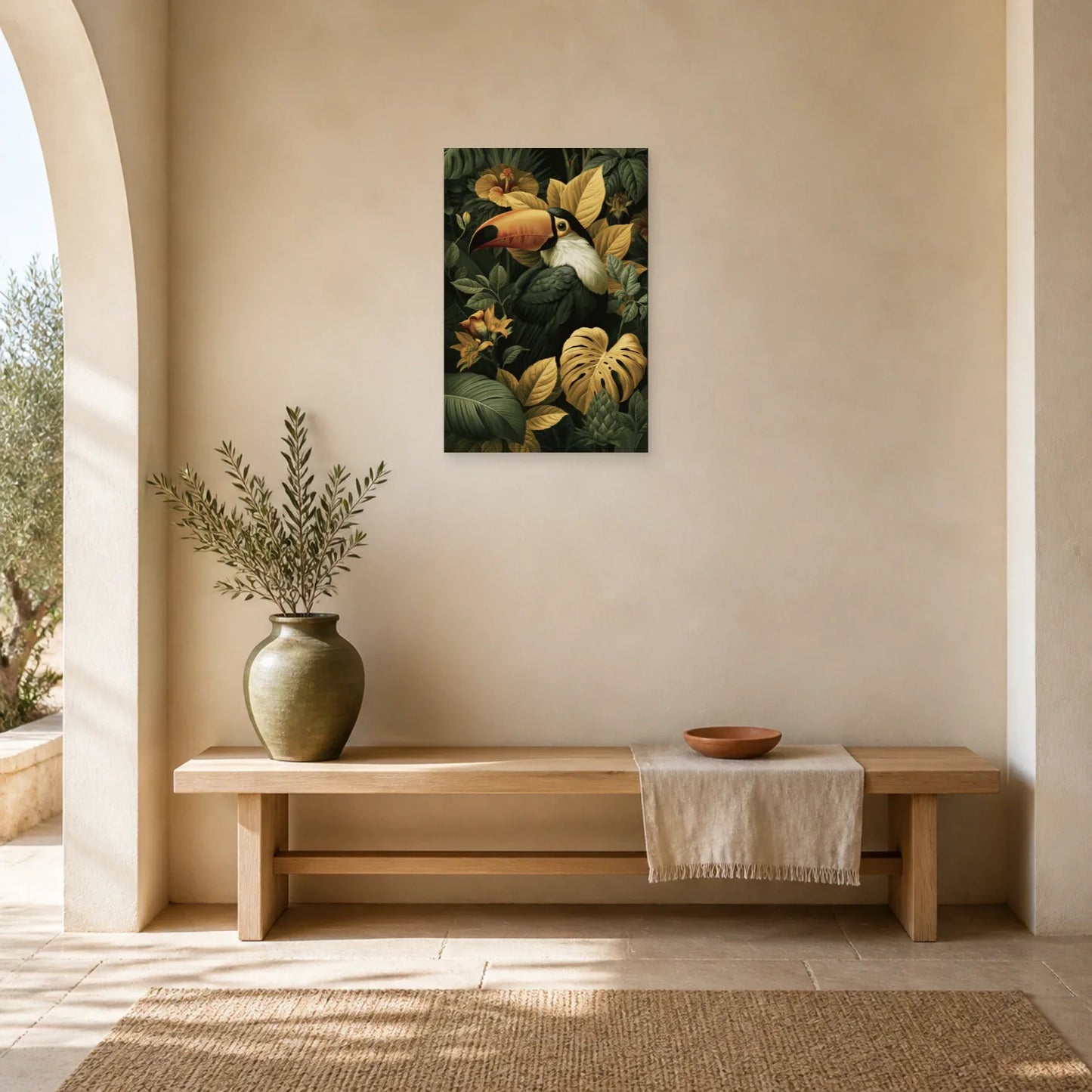 Tableau Tropical Toucan Feuillage Doré dans une entree ou un couloir decore