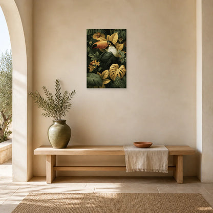 Tableau Tropical Toucan Feuillage Doré dans une entree ou un couloir decore