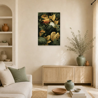 Tableau Tropical Toucan Feuillage Doré dans un salon contemporain