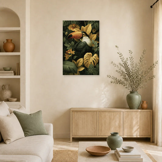 Tableau Tropical Toucan Feuillage Doré dans un salon contemporain