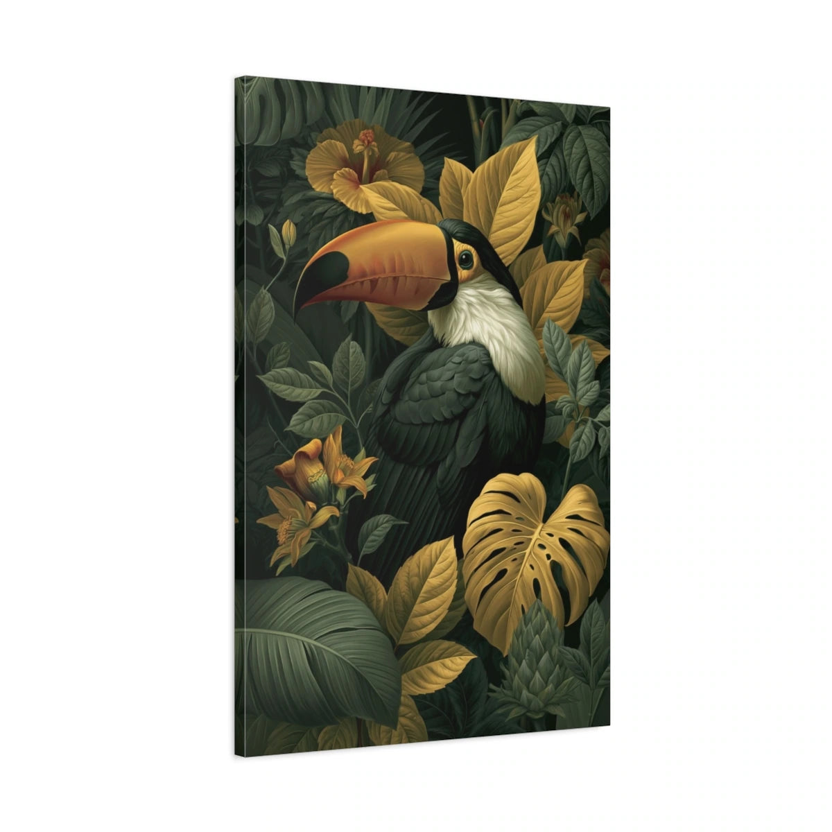 Tableau Tropical Toucan Feuillage Doré - toile 3D avec bords imprimes visibles