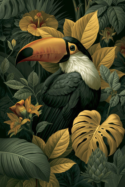Tableau Tropical Toucan Feuillage Doré - toucan exotique dans un feuillage dore et vert profond - grand format XXL
