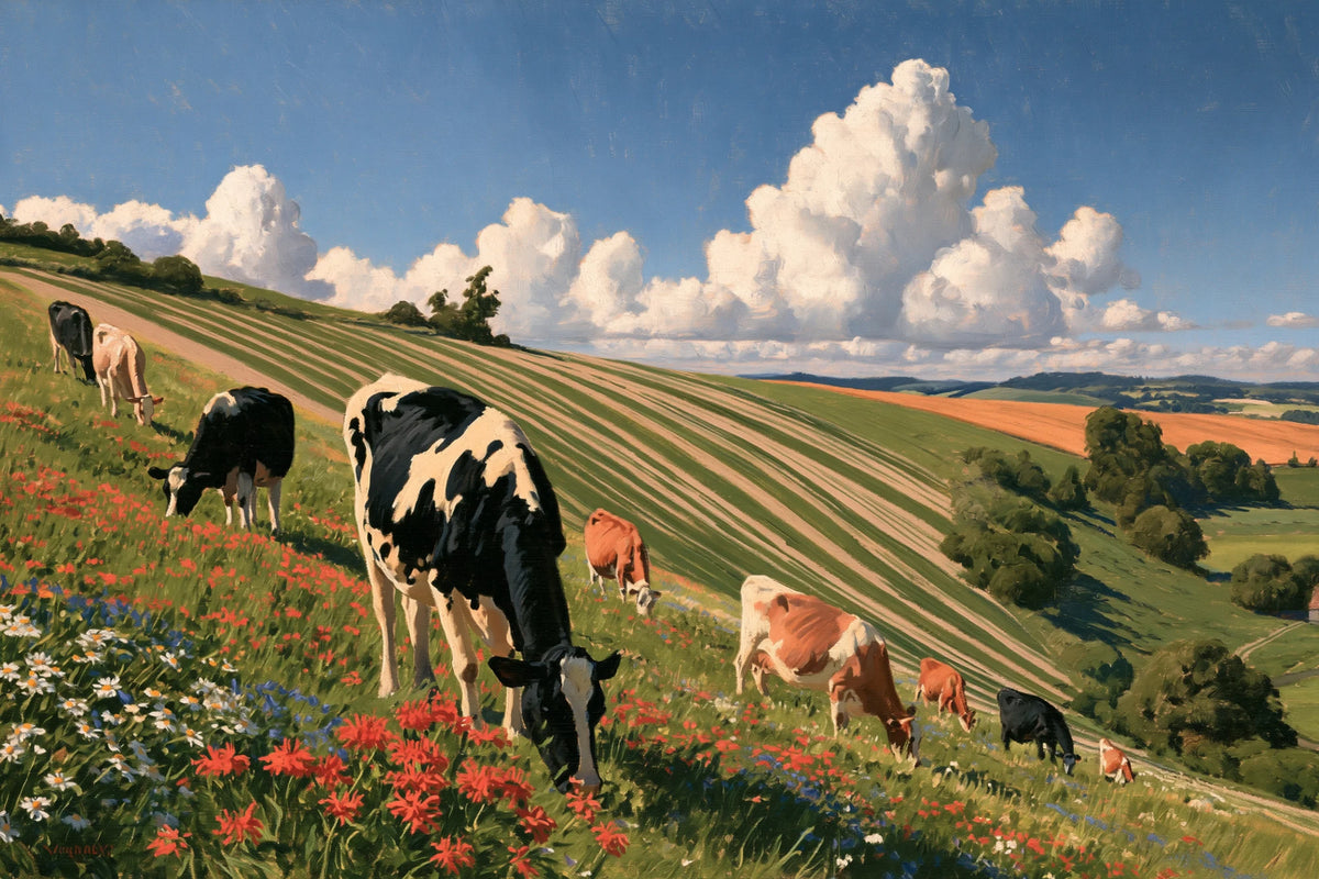 Tableau Troupeau de Vaches dans la Prairie, troupeau dispersé dans une prairie fleurie sous de grands nuages, format M - Art Virtuoso