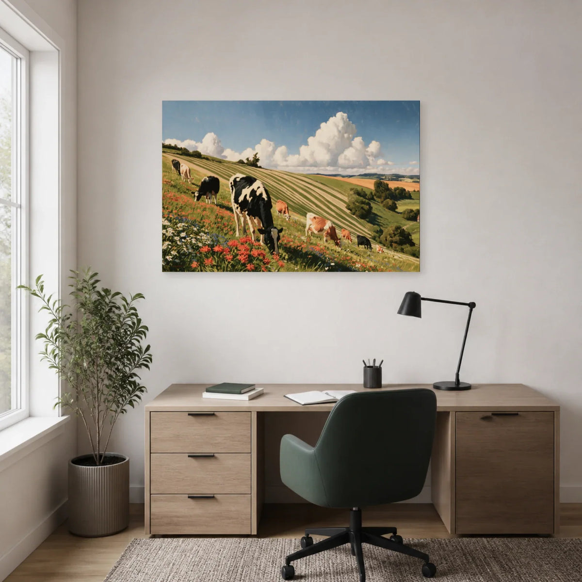 Tableau Troupeau de Vaches dans la Prairie présenté dans un bureau - Art Virtuoso