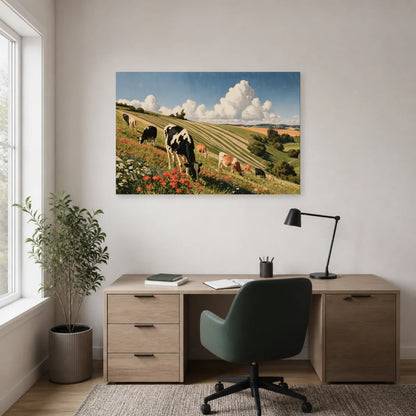 Tableau Troupeau de Vaches dans la Prairie présenté dans un bureau - Art Virtuoso