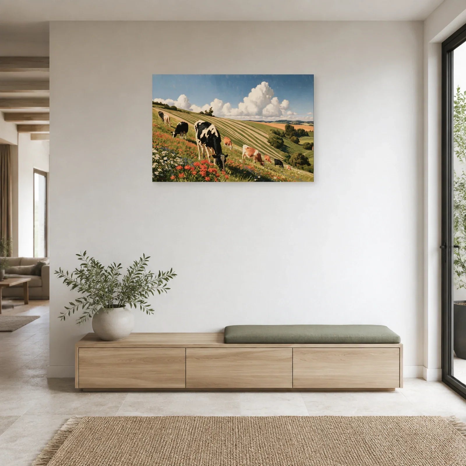 Tableau Troupeau de Vaches dans la Prairie présenté dans une entrée - Art Virtuoso