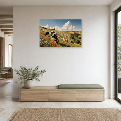 Tableau Troupeau de Vaches dans la Prairie présenté dans une entrée - Art Virtuoso