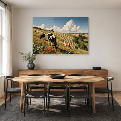 Tableau Troupeau de Vaches dans la Prairie présenté dans une salle à manger - Art Virtuoso
