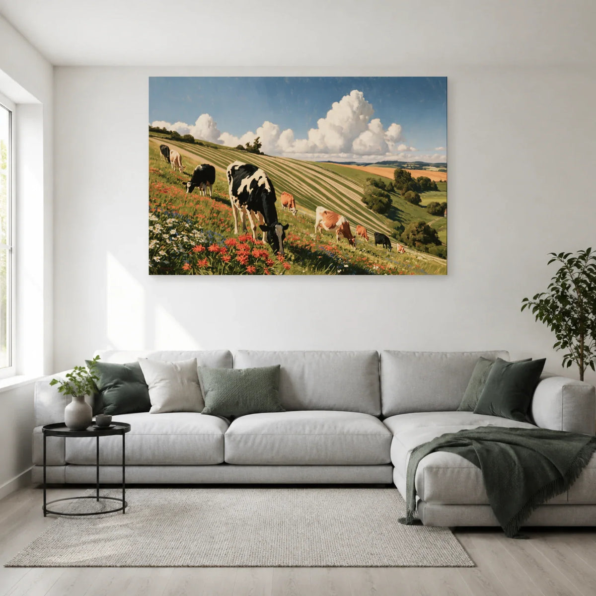 Tableau Troupeau de Vaches dans la Prairie présenté dans un salon - Art Virtuoso