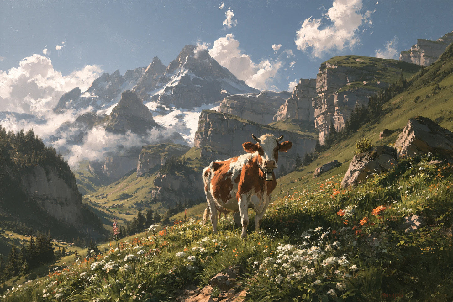 Tableau Vache Abondance en Alpage, vache Abondance au premier plan d’un alpage encadré de sommets, format M - Art Virtuoso