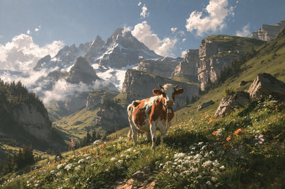 Tableau Vache Abondance en Alpage, vache Abondance au premier plan d’un alpage encadré de sommets, format M - Art Virtuoso