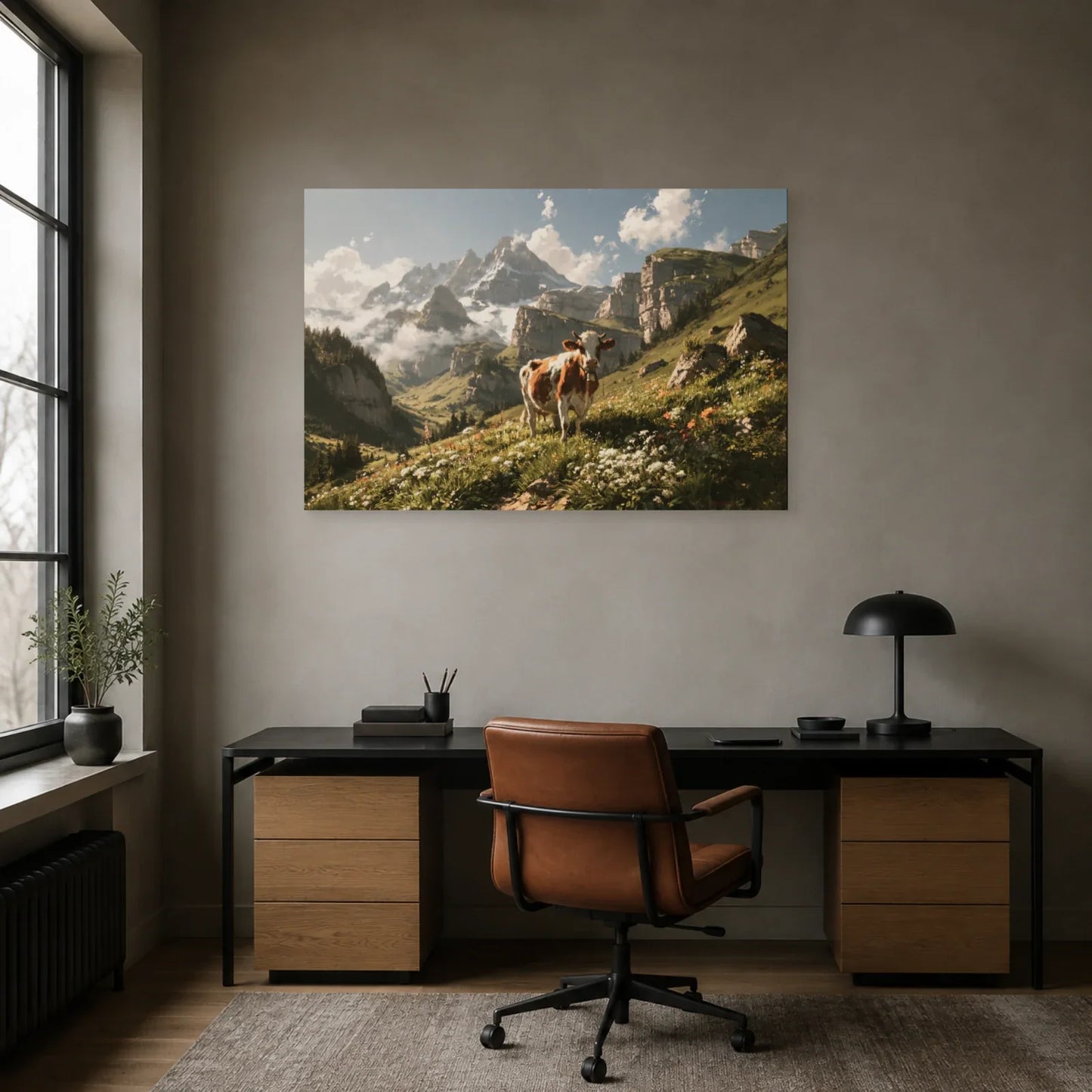 Tableau Vache Abondance en Alpage présenté dans un bureau - Art Virtuoso