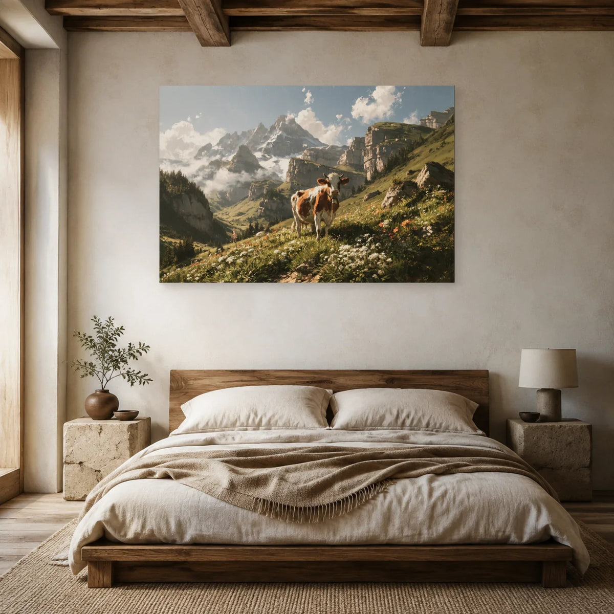 Tableau Vache Abondance en Alpage présenté dans une chambre - Art Virtuoso