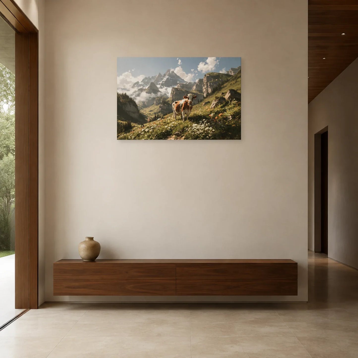 Tableau Vache Abondance en Alpage présenté dans une entrée - Art Virtuoso