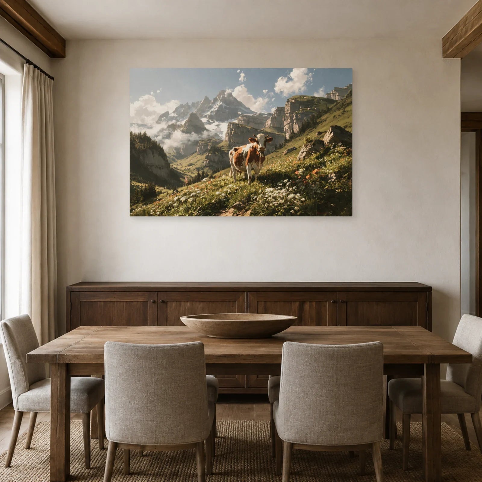 Tableau Vache Abondance en Alpage présenté dans une salle à manger - Art Virtuoso
