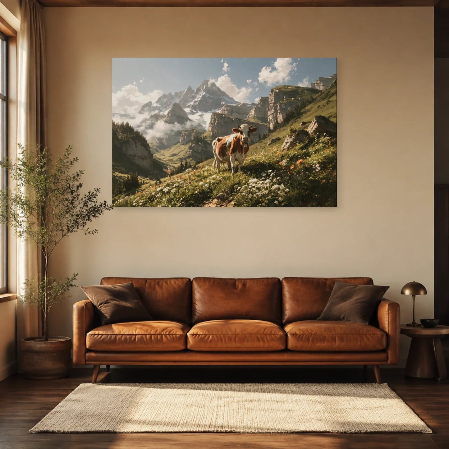 Tableau Vache Abondance en Alpage présenté dans un salon - Art Virtuoso