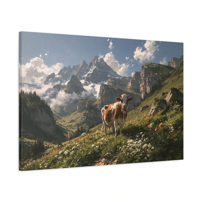 Tableau Vache Abondance en Alpage, vue latérale de la toile avec bords imprimés - Art Virtuoso