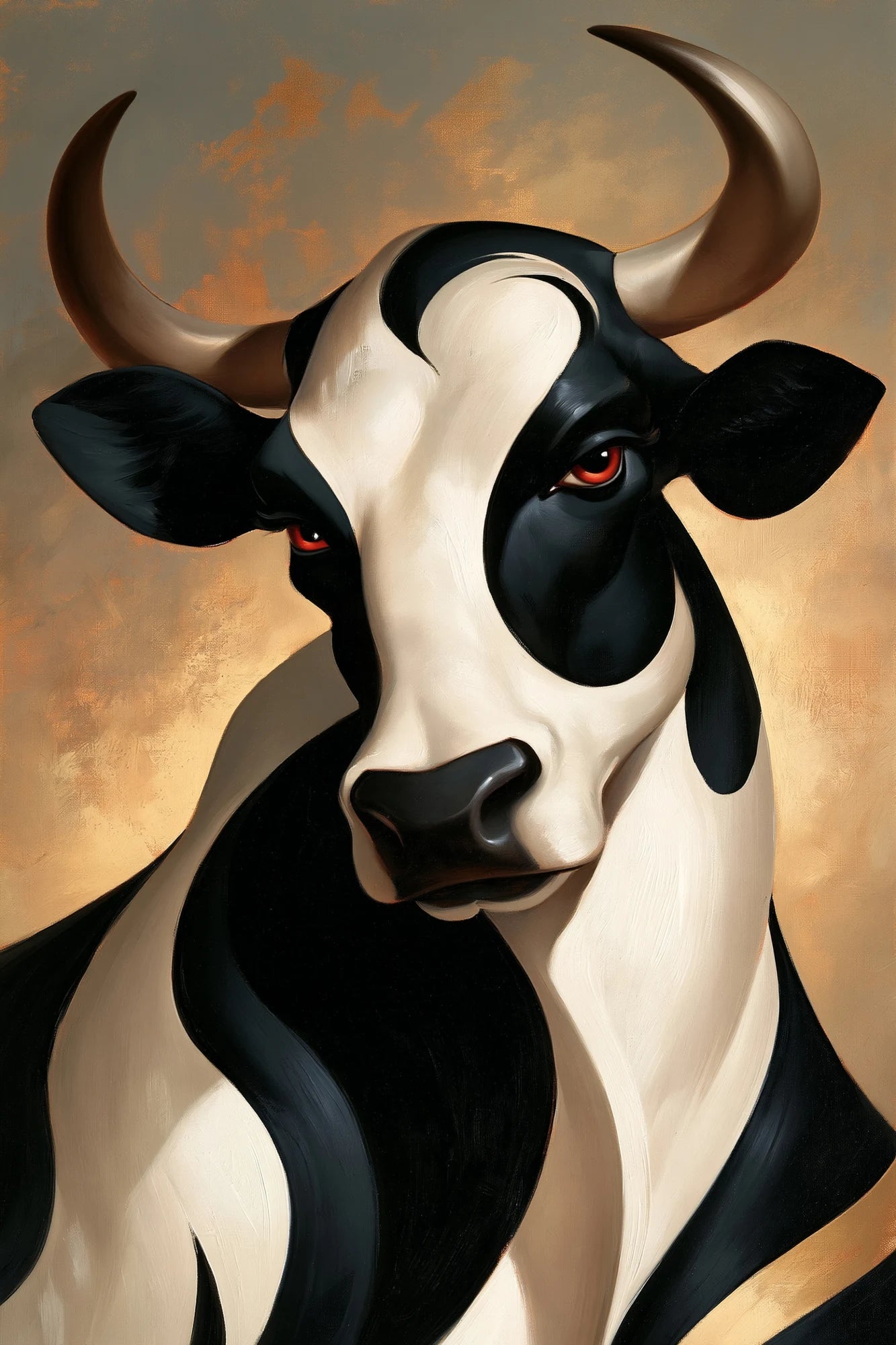 Tableau Vache Art Déco, silhouette bovine élégante construite par des courbes ivoire, noires et dorées, format M - Art Virtuoso