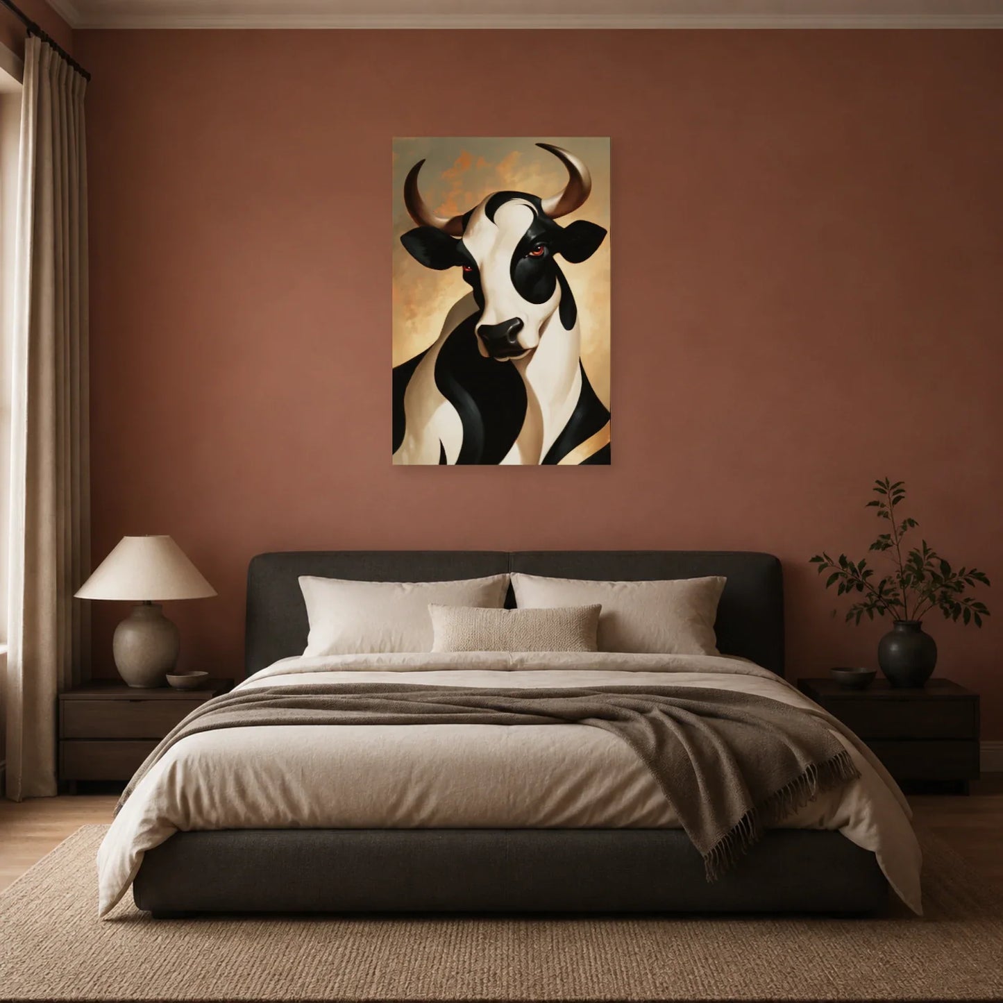 Tableau Vache Art Déco présenté dans une chambre - Art Virtuoso