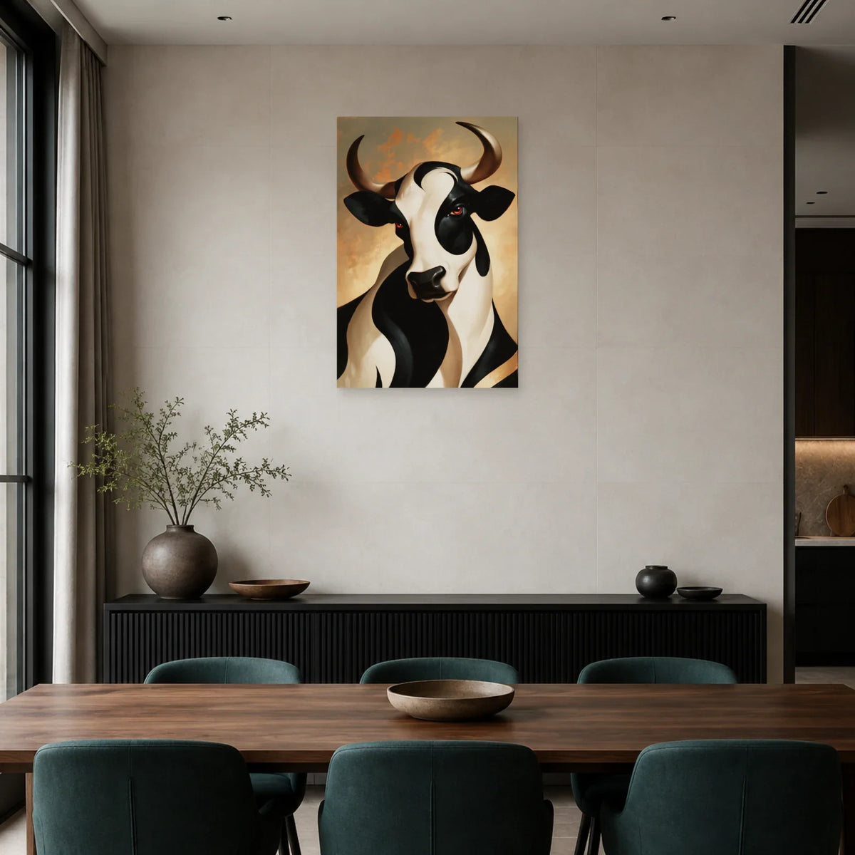 Tableau Vache Art Déco présenté dans une salle à manger - Art Virtuoso