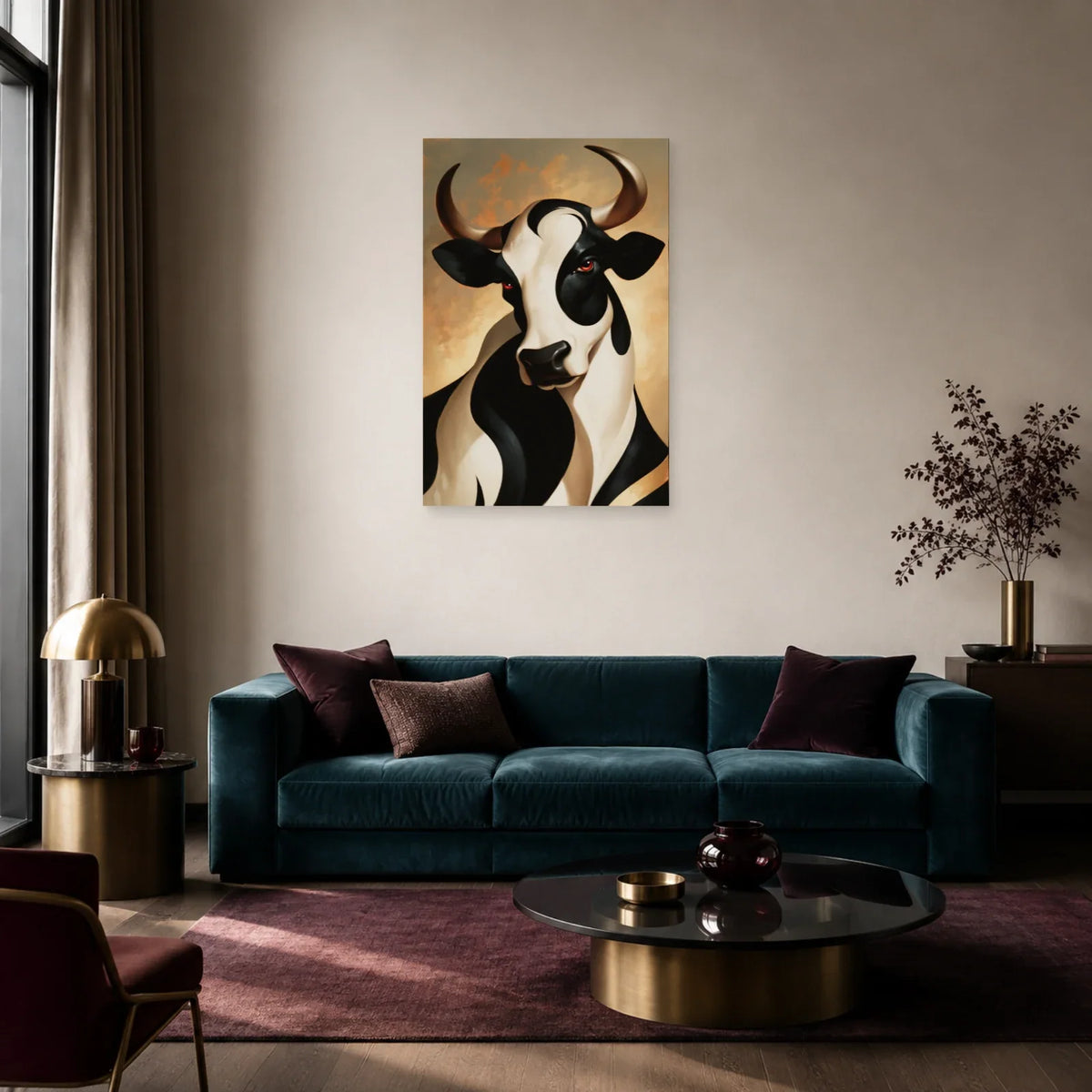Tableau Vache Art Déco présenté dans un salon - Art Virtuoso