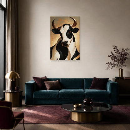 Tableau Vache Art Déco présenté dans un salon - Art Virtuoso