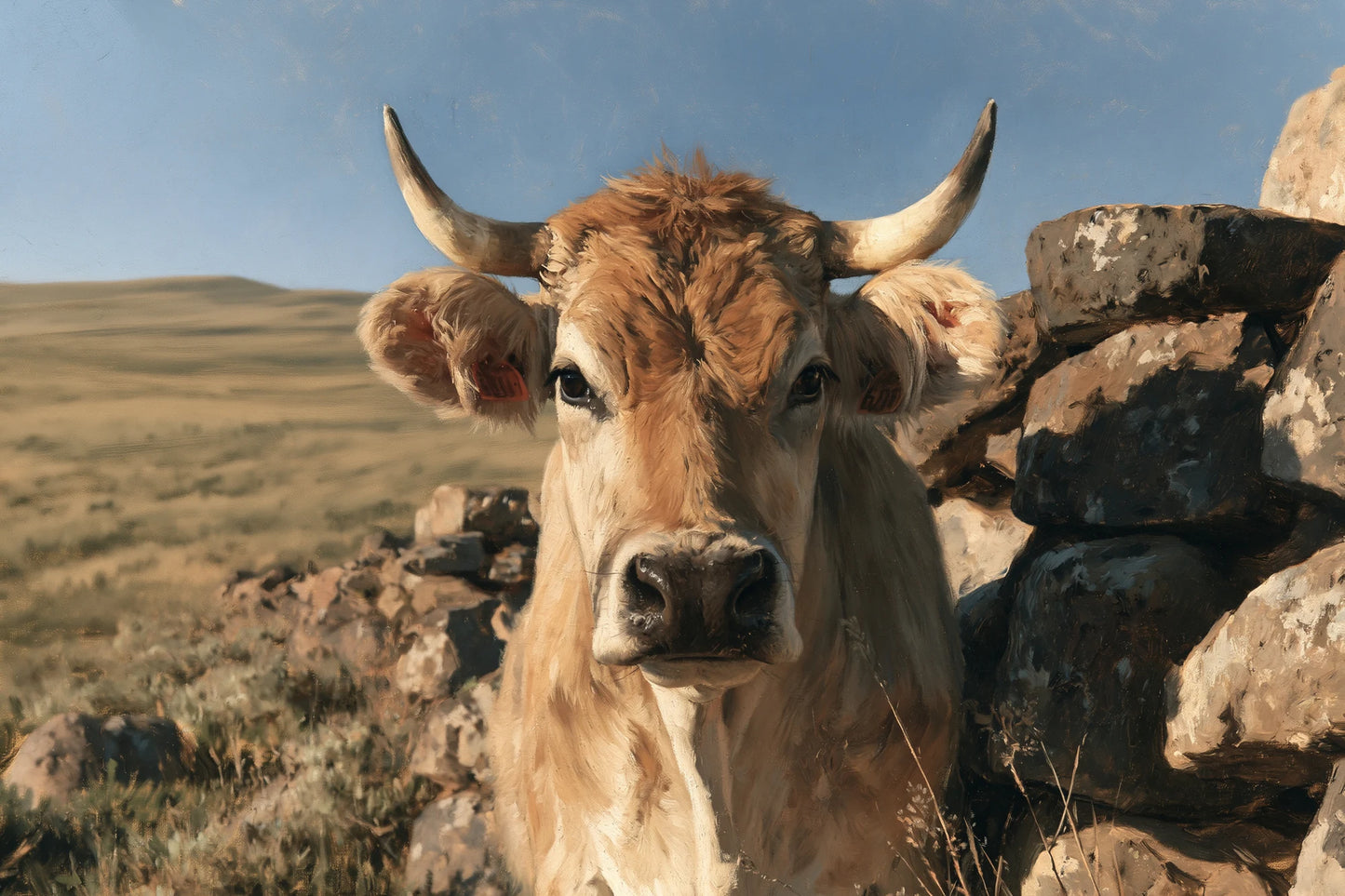 Tableau Vache Aubrac, Aubrac fauve au regard cerné de noir dans un paysage pierreux, format L - Art Virtuoso
