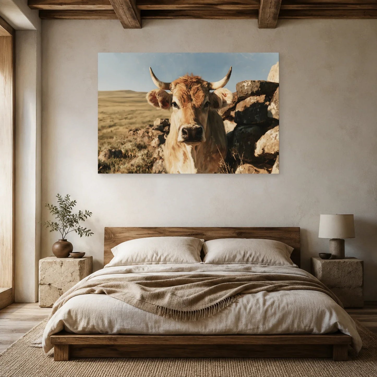 Tableau Vache Aubrac présenté dans une chambre - Art Virtuoso
