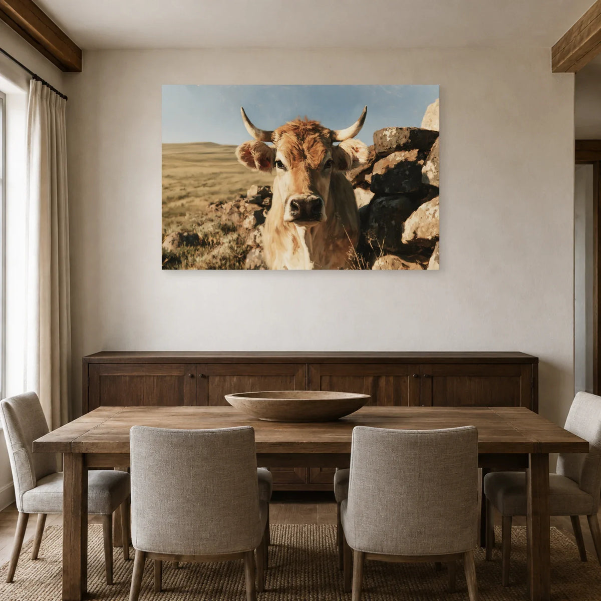 Tableau Vache Aubrac présenté dans une salle à manger - Art Virtuoso
