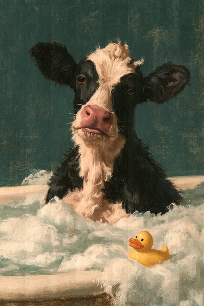 Tableau Vache dans un Bain Moussant, vache noire et blanche installée dans une baignoire avec un canard jaune, format L - Art Virtuoso