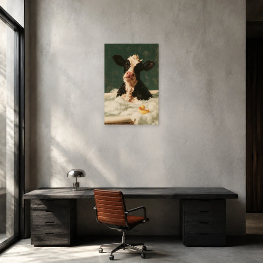 Tableau Vache dans un Bain Moussant présenté dans un bureau - Art Virtuoso
