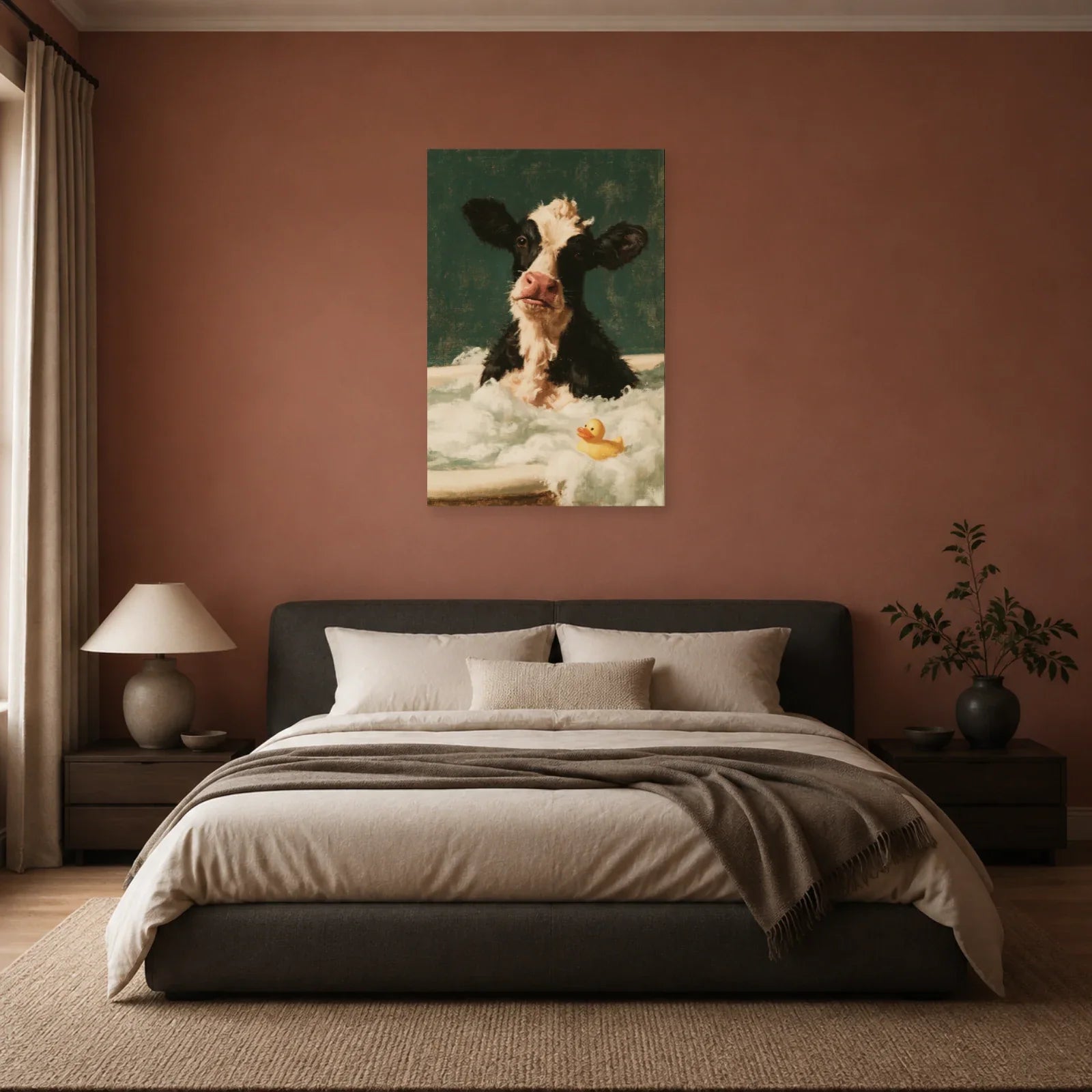 Tableau Vache dans un Bain Moussant présenté dans une chambre - Art Virtuoso