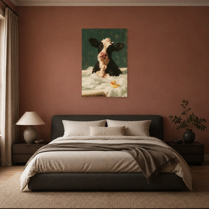 Tableau Vache dans un Bain Moussant présenté dans une chambre - Art Virtuoso