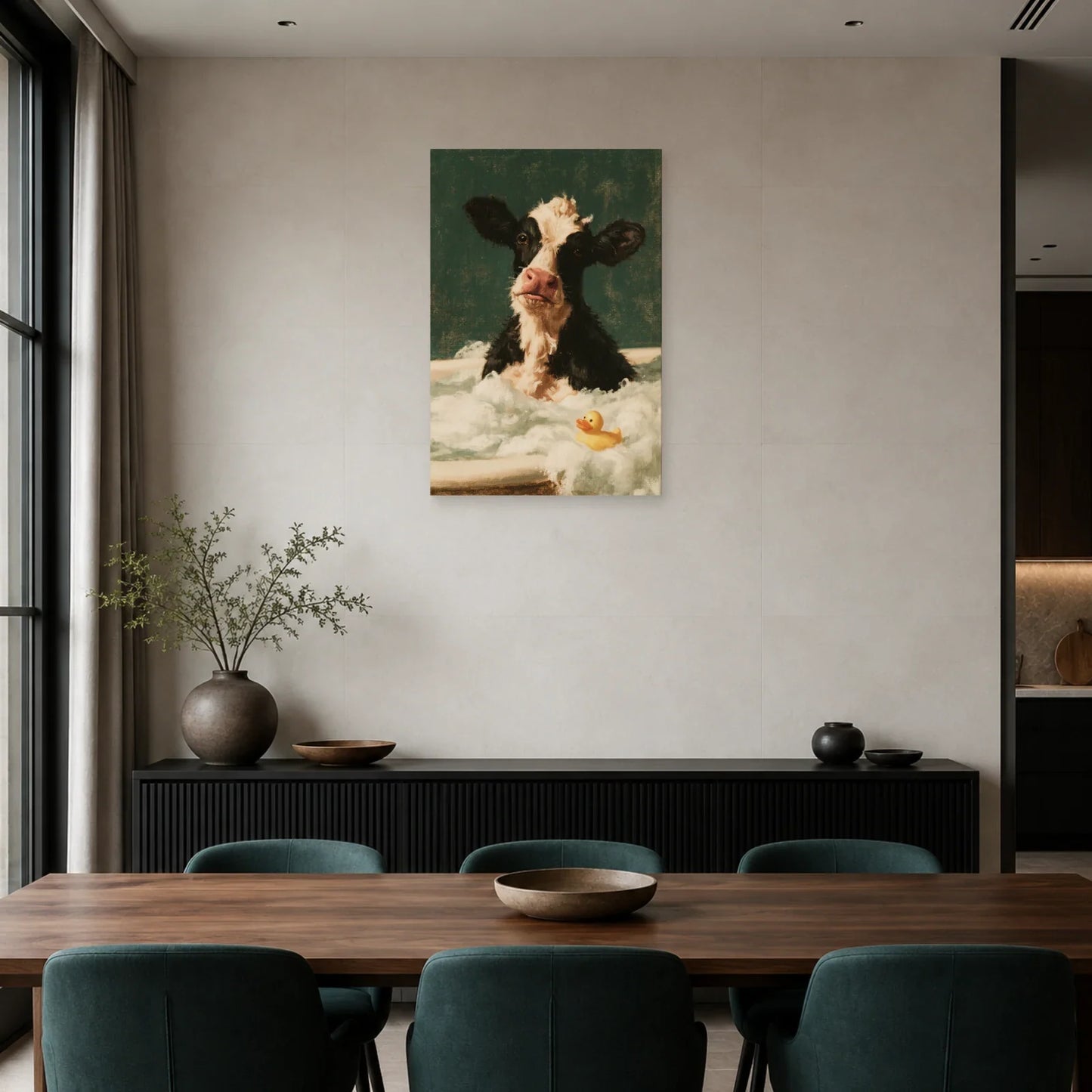 Tableau Vache dans un Bain Moussant présenté dans une salle à manger - Art Virtuoso