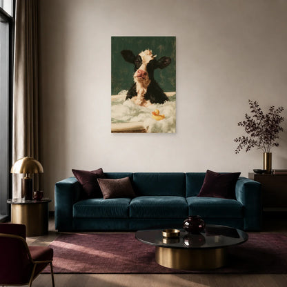 Tableau Vache dans un Bain Moussant présenté dans un salon - Art Virtuoso