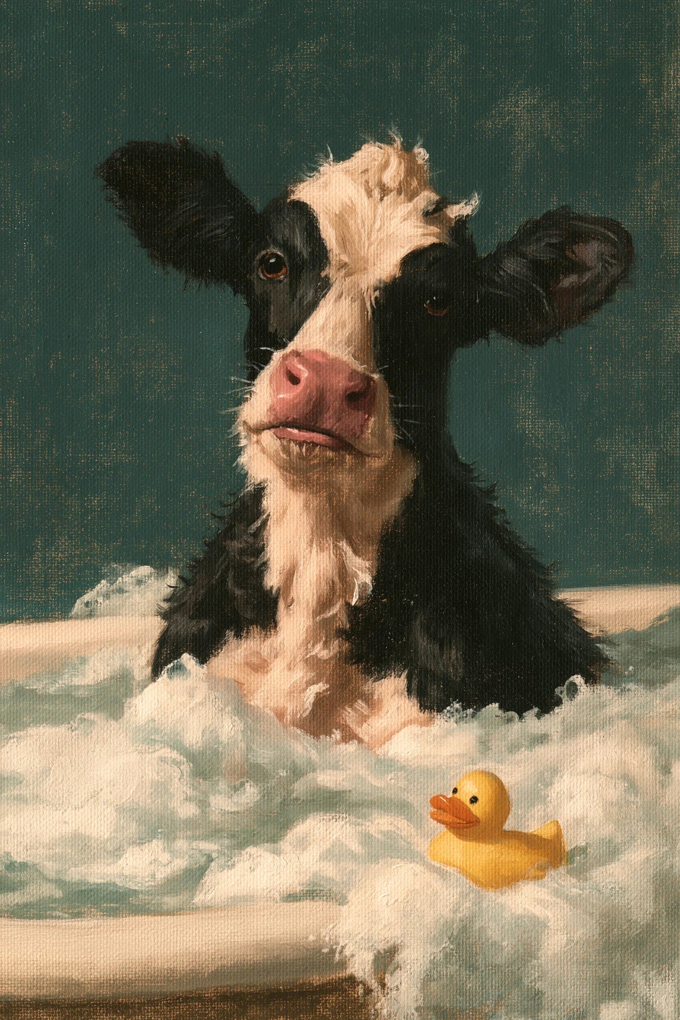 Tableau Vache dans un Bain Moussant, vache noire et blanche installée dans une baignoire avec un canard jaune, format S - Art Virtuoso