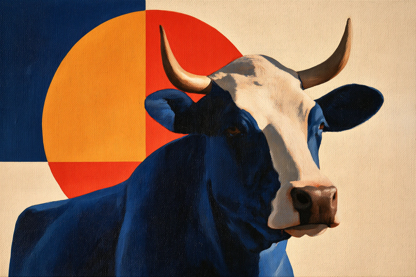 Tableau Vache Bauhaus, vache simplifiée devant des disques et des aplats modernistes, format M - Art Virtuoso