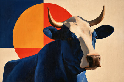 Tableau Vache Bauhaus, vache simplifiée devant des disques et des aplats modernistes, format M - Art Virtuoso