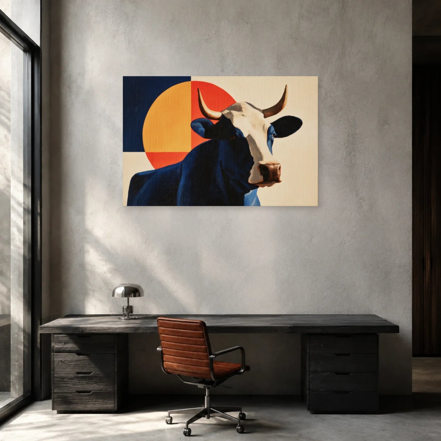 Tableau Vache Bauhaus présenté dans un bureau - Art Virtuoso
