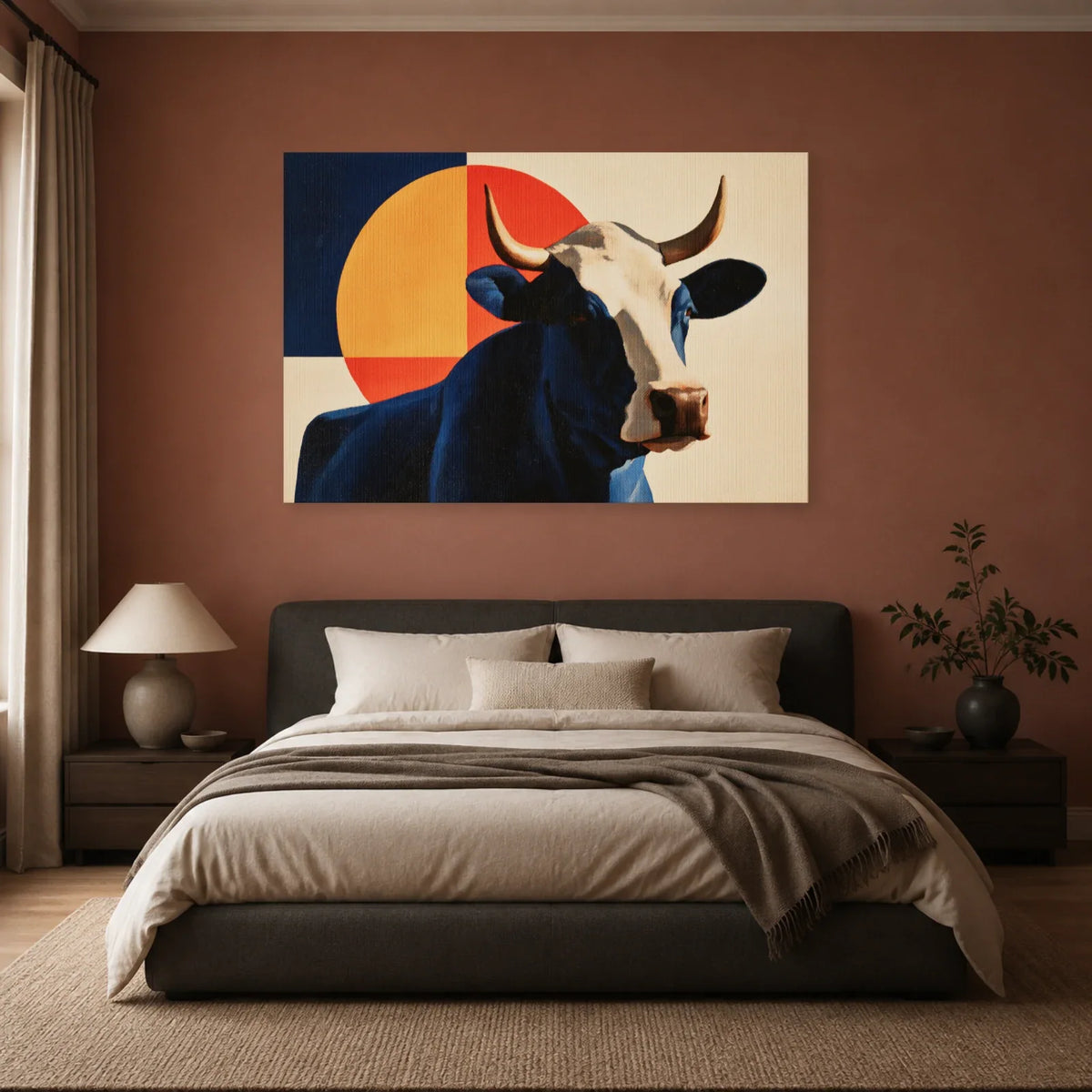 Tableau Vache Bauhaus présenté dans une chambre - Art Virtuoso
