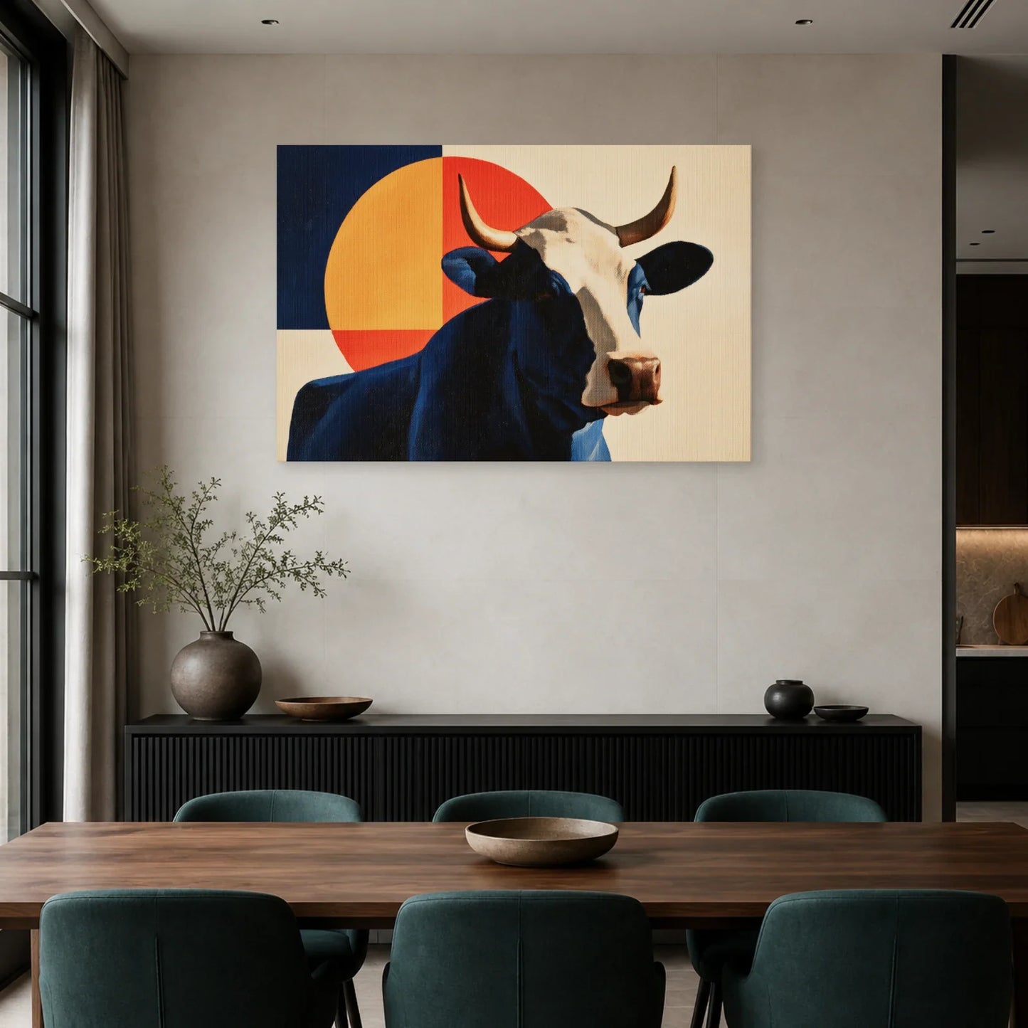 Tableau Vache Bauhaus présenté dans une salle à manger - Art Virtuoso