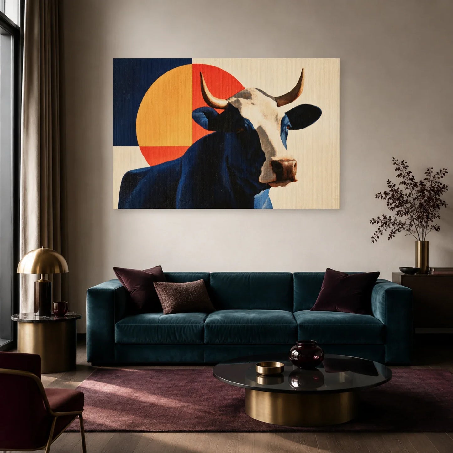 Tableau Vache Bauhaus présenté dans un salon - Art Virtuoso