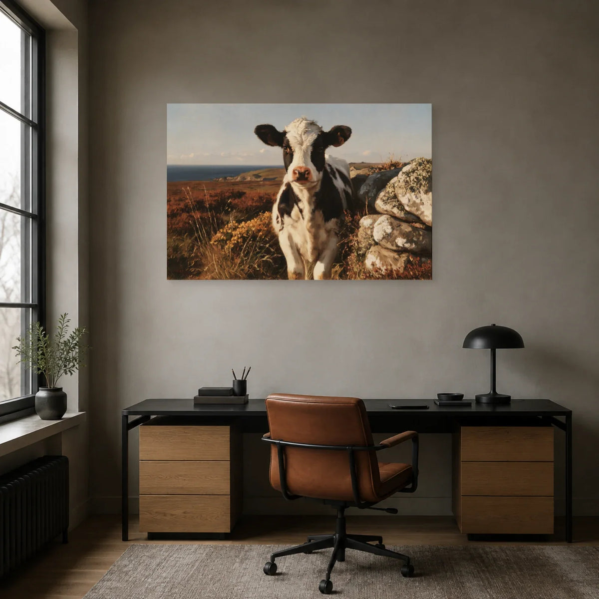 Tableau Vache Bretonne Pie Noir présenté dans un bureau - Art Virtuoso