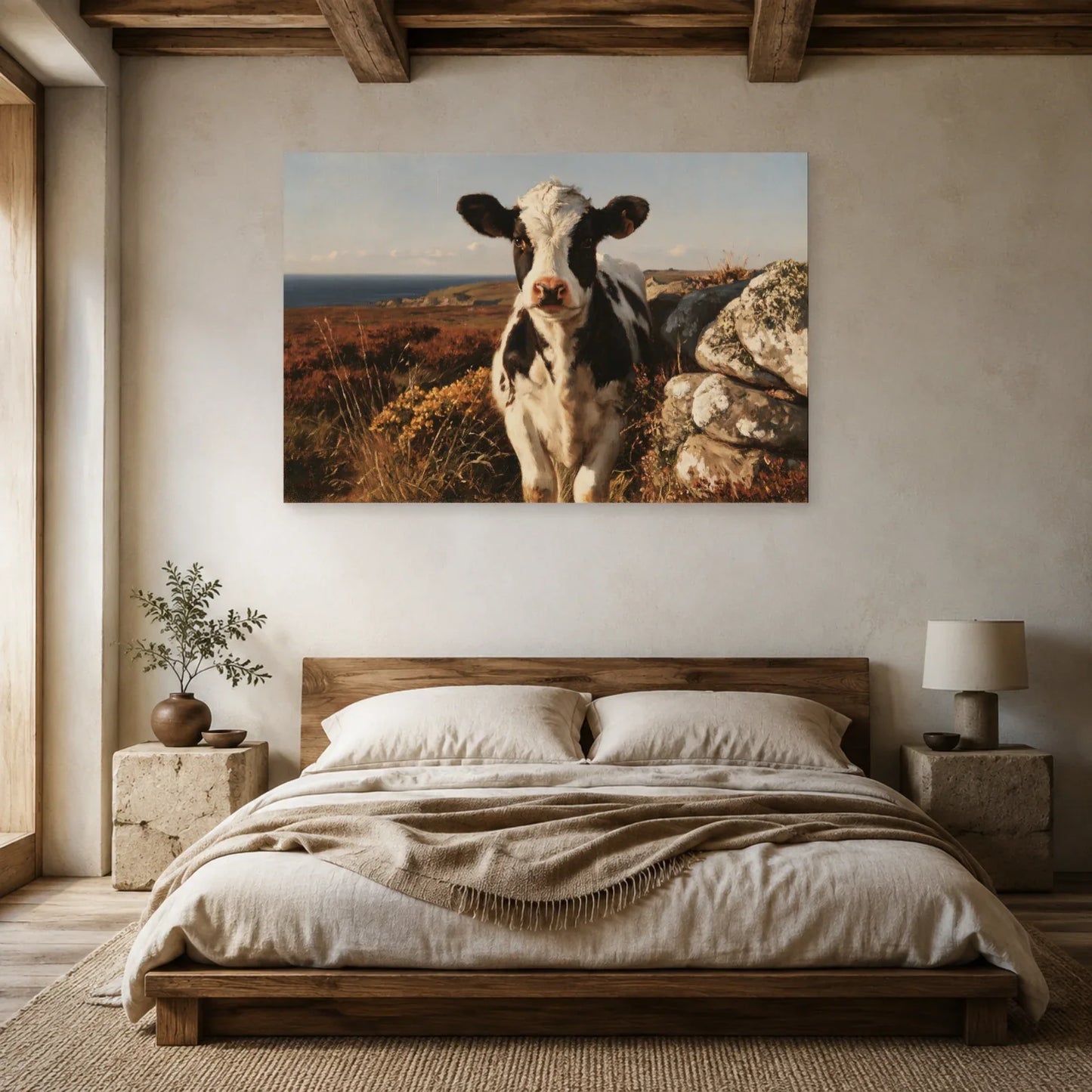 Tableau Vache Bretonne Pie Noir présenté dans une chambre - Art Virtuoso