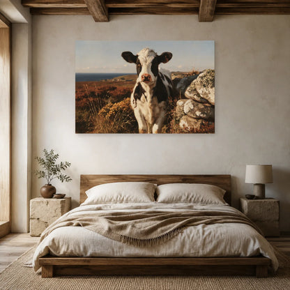 Tableau Vache Bretonne Pie Noir présenté dans une chambre - Art Virtuoso