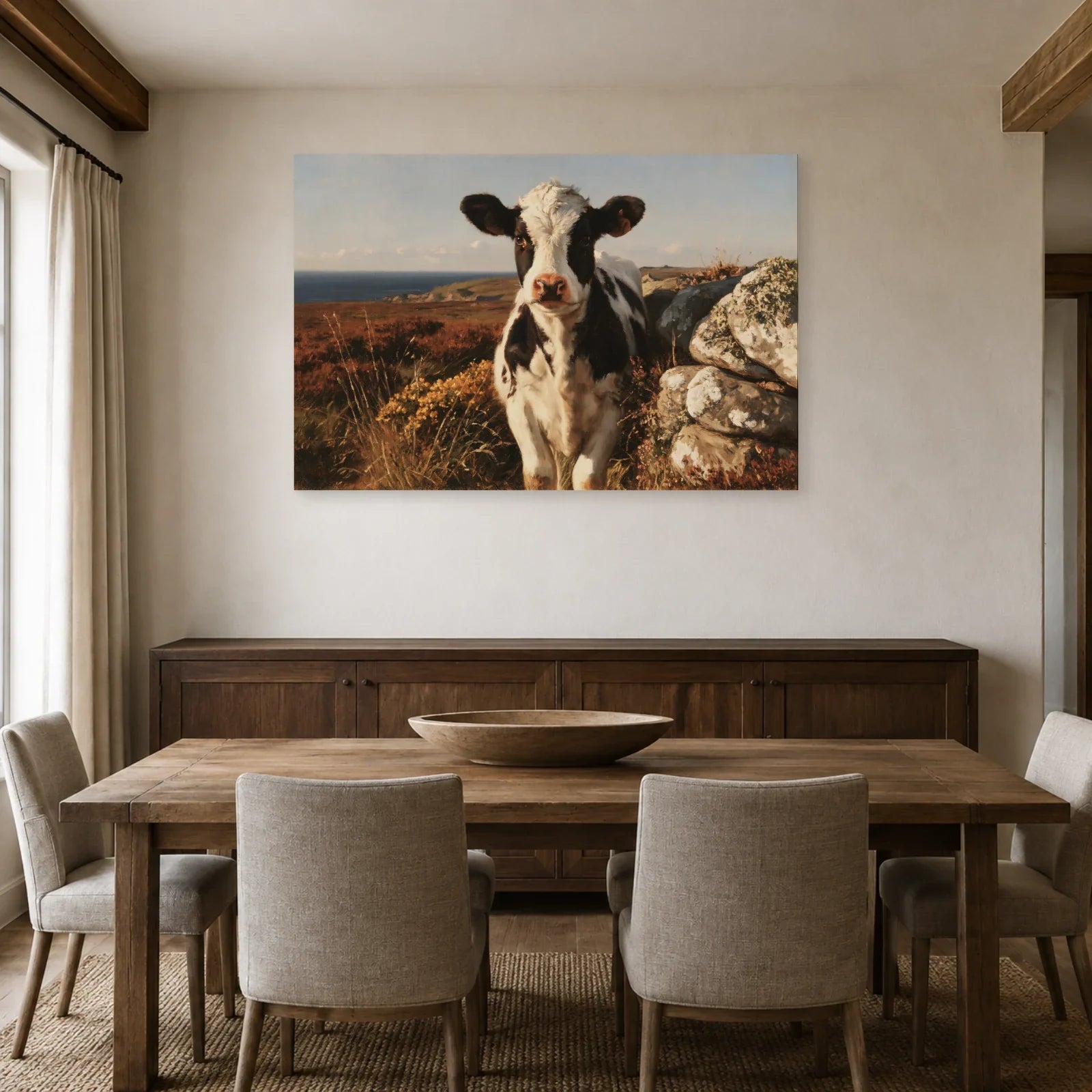 Tableau Vache Bretonne Pie Noir présenté dans une salle à manger - Art Virtuoso
