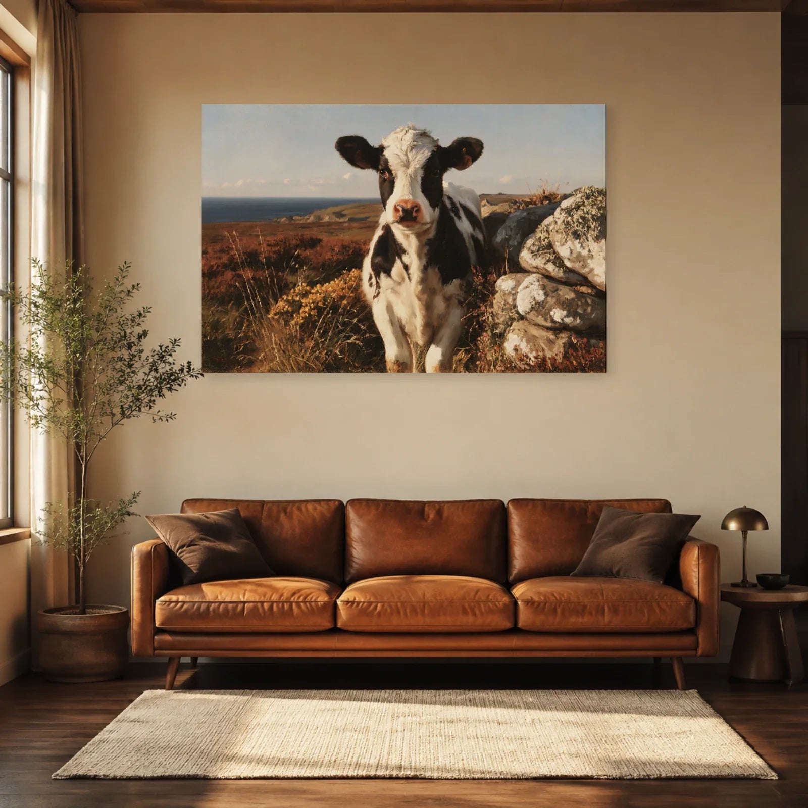 Tableau Vache Bretonne Pie Noir présenté dans un salon - Art Virtuoso