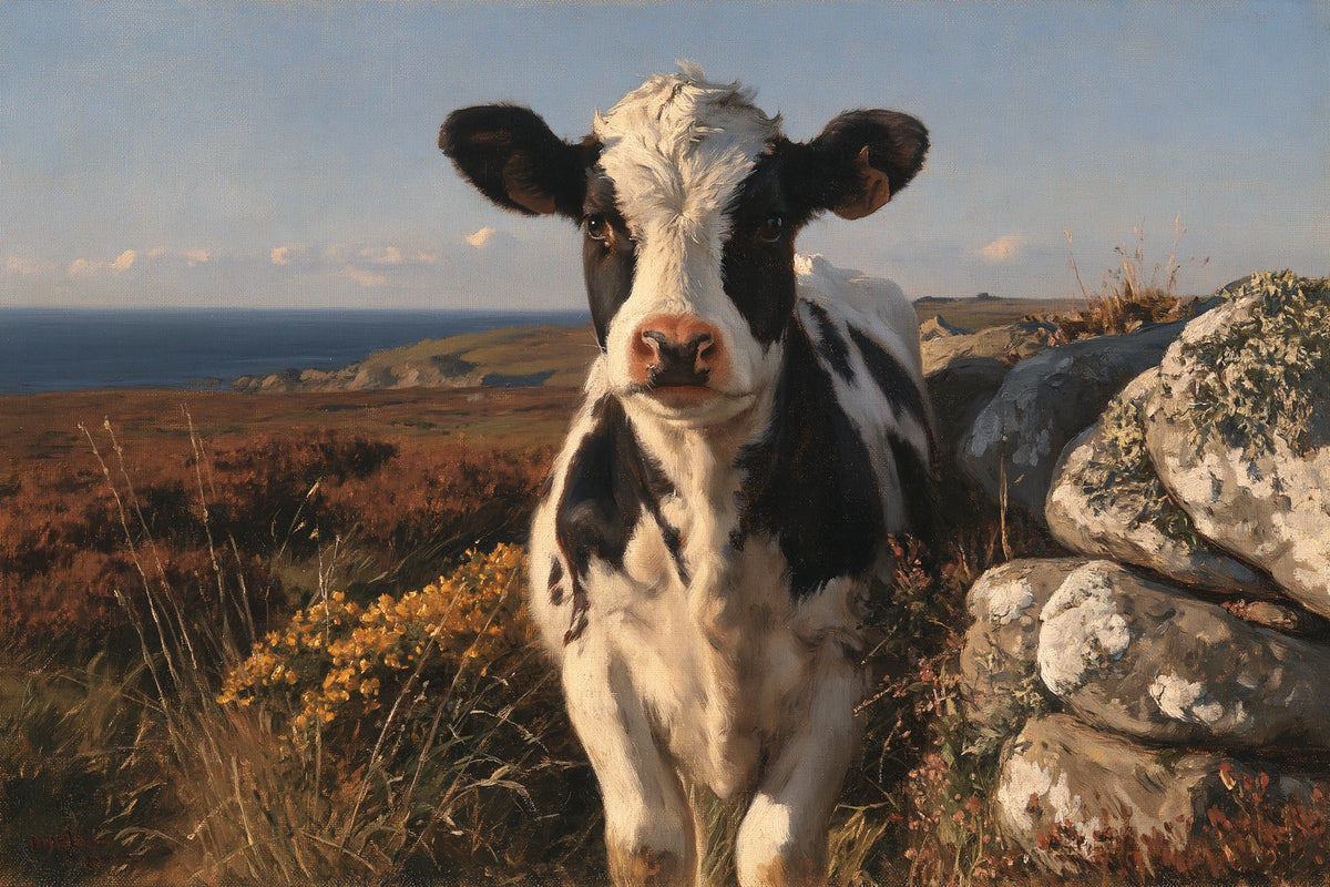 Tableau Vache Bretonne Pie Noir, petite Bretonne pie noir entre granit et lande bretonne, format S - Art Virtuoso