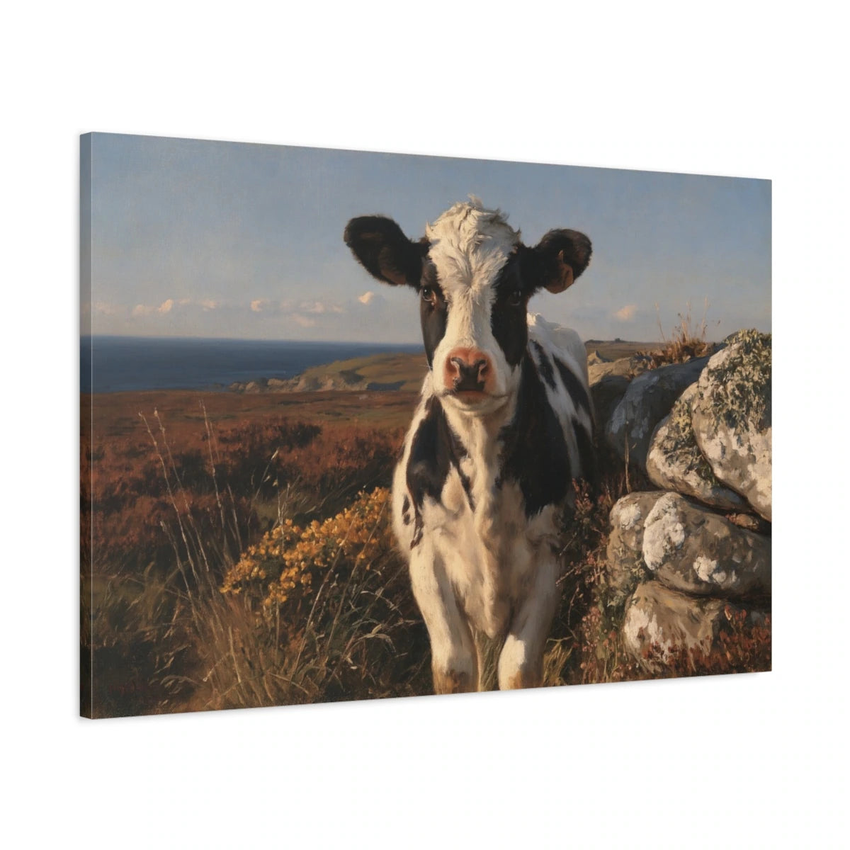 Tableau Vache Bretonne Pie Noir, vue latérale de la toile avec bords imprimés - Art Virtuoso